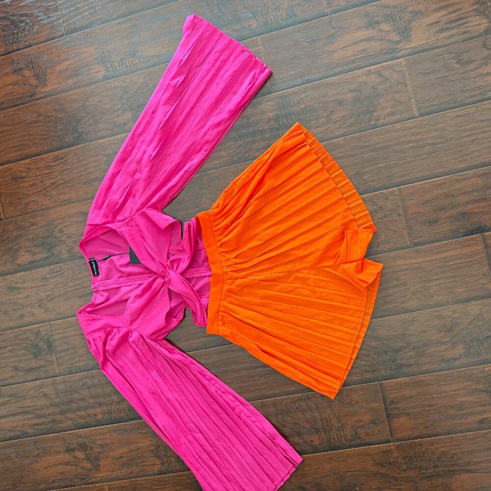 Hot Pink and Orange Pleated Two-Piece Set